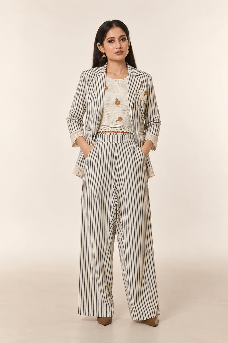 Ivory Cotton Linen Striped Cord Set with Embroidered Blazer & Wide-Leg Pants