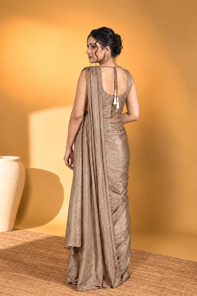Mocha Brown Lycra Pre-Draped Saree with Ready to Wear Blouse