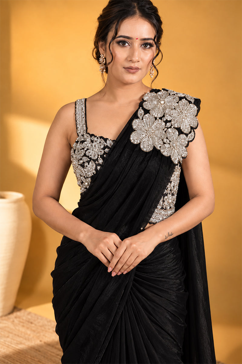 Black Lycra Pre-Draped Saree with Floral Embroidery