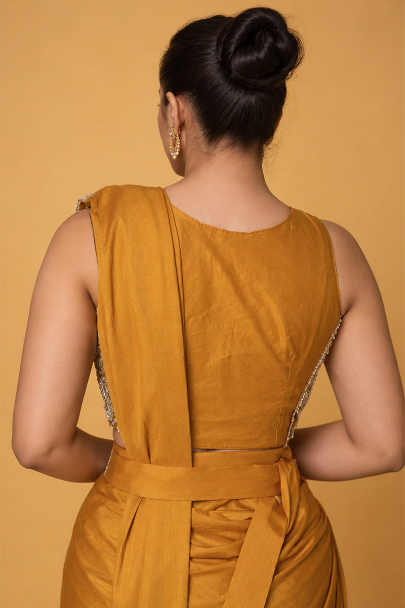 Mustard Yellow Satin Silk Pre-Draped Saree with Zari Work