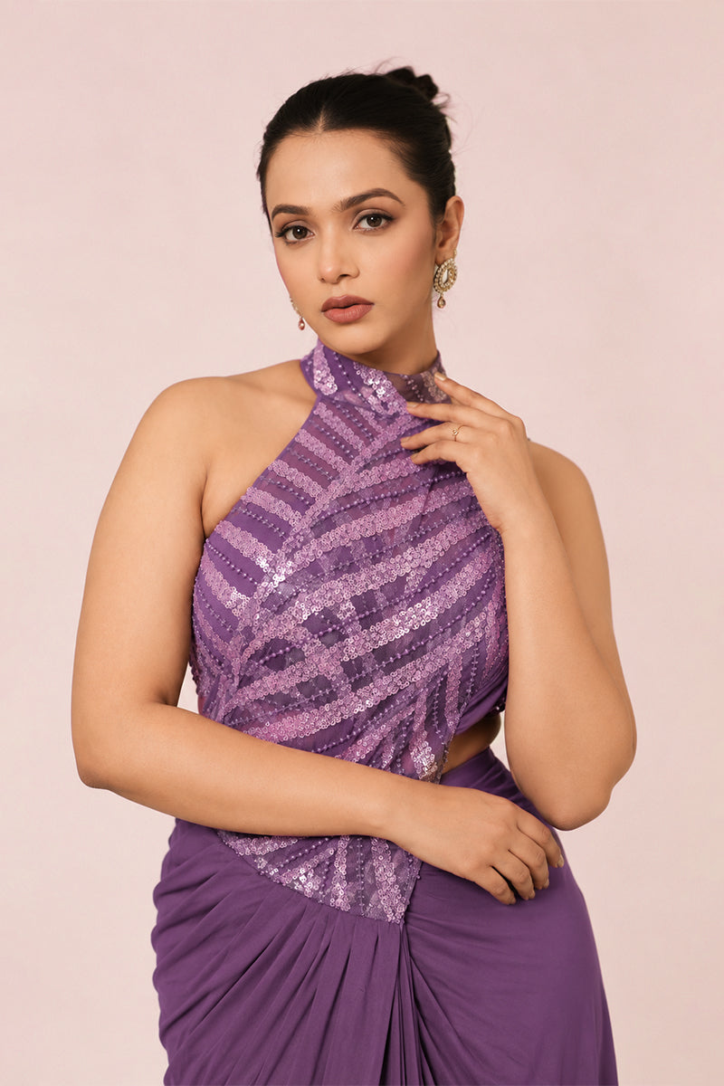 Purple Lycra Pre-Draped Saree with Sequin