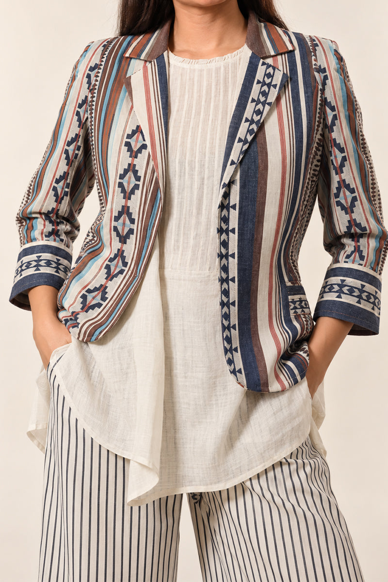 Beige Linen Cotton 3-Piece Co-Ord Set with Striped Jacket