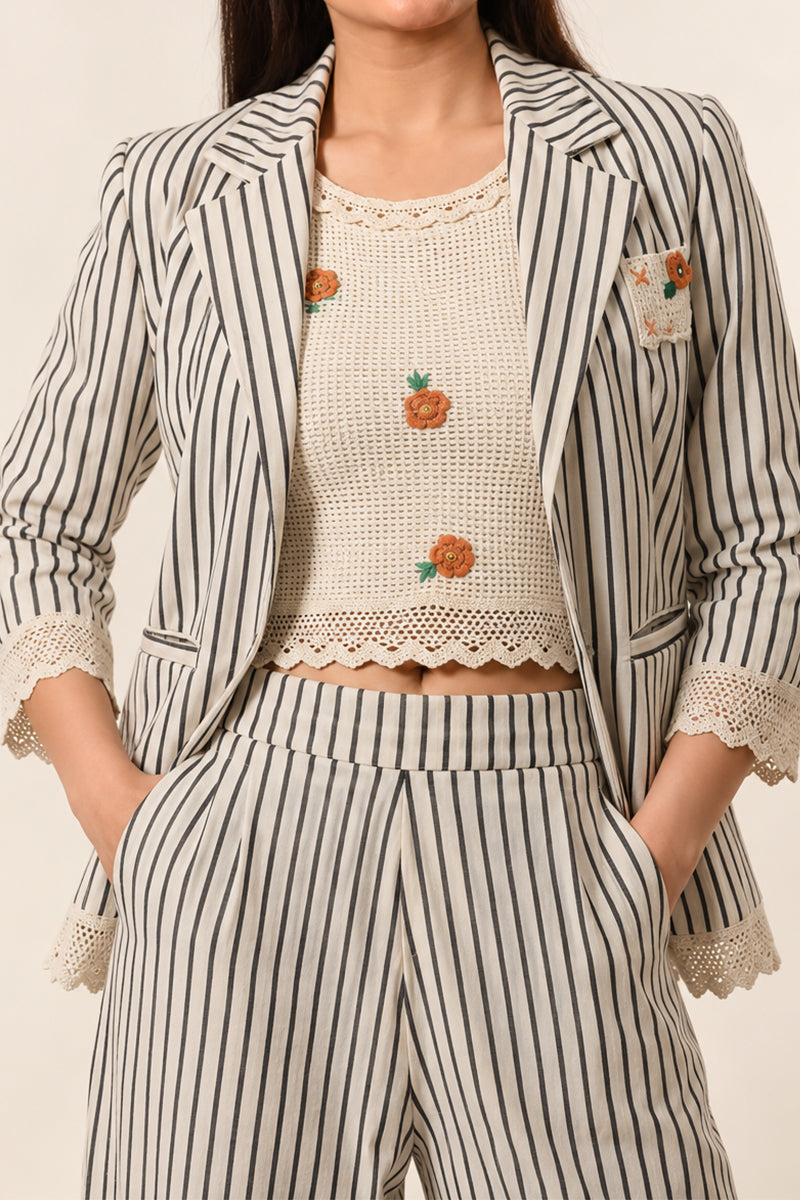 Ivory Cotton Linen Striped Cord Set with Embroidered Blazer & Wide-Leg Pants