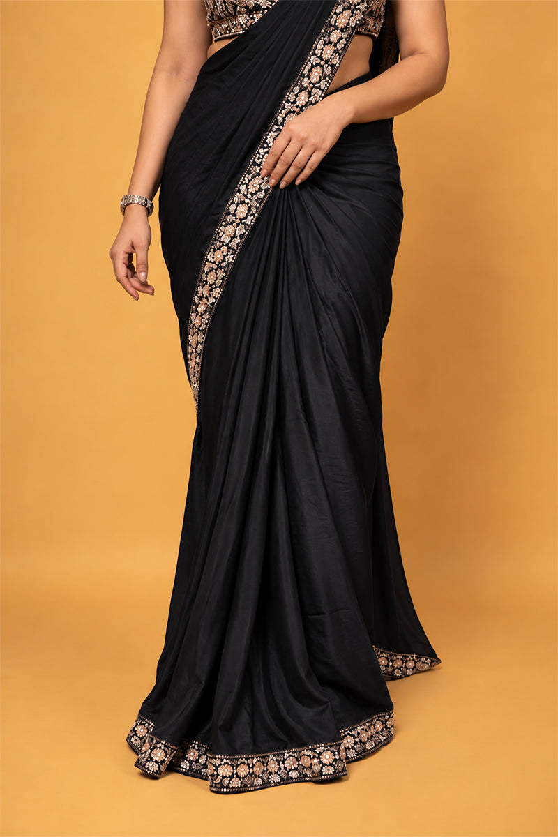 Black Satin Silk Pre-Draped Saree with Embroidered Border