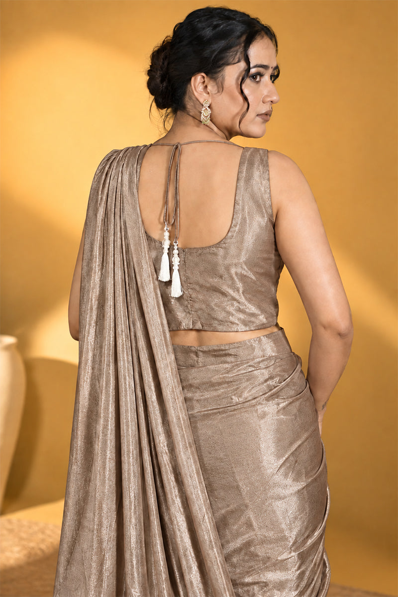 Mocha Brown Lycra Pre-Draped Saree with Ready to Wear Blouse