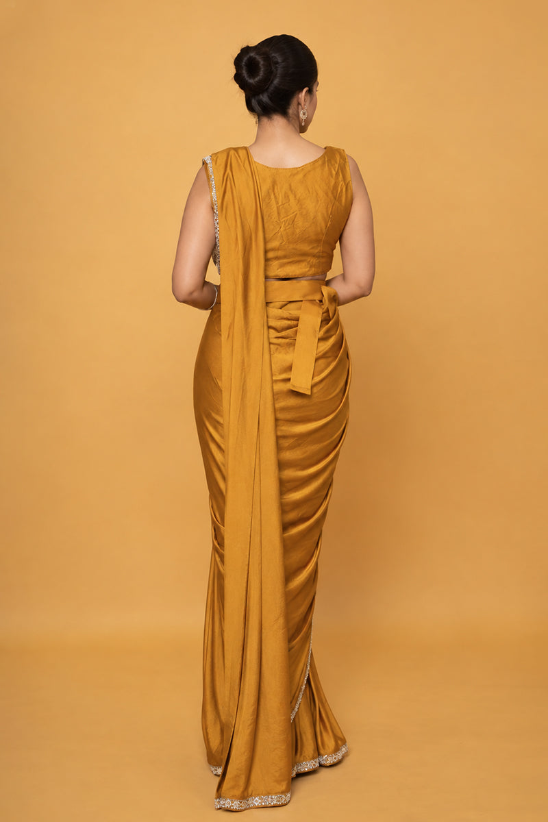 Mustard Yellow Satin Silk Pre-Draped Saree with Zari Work