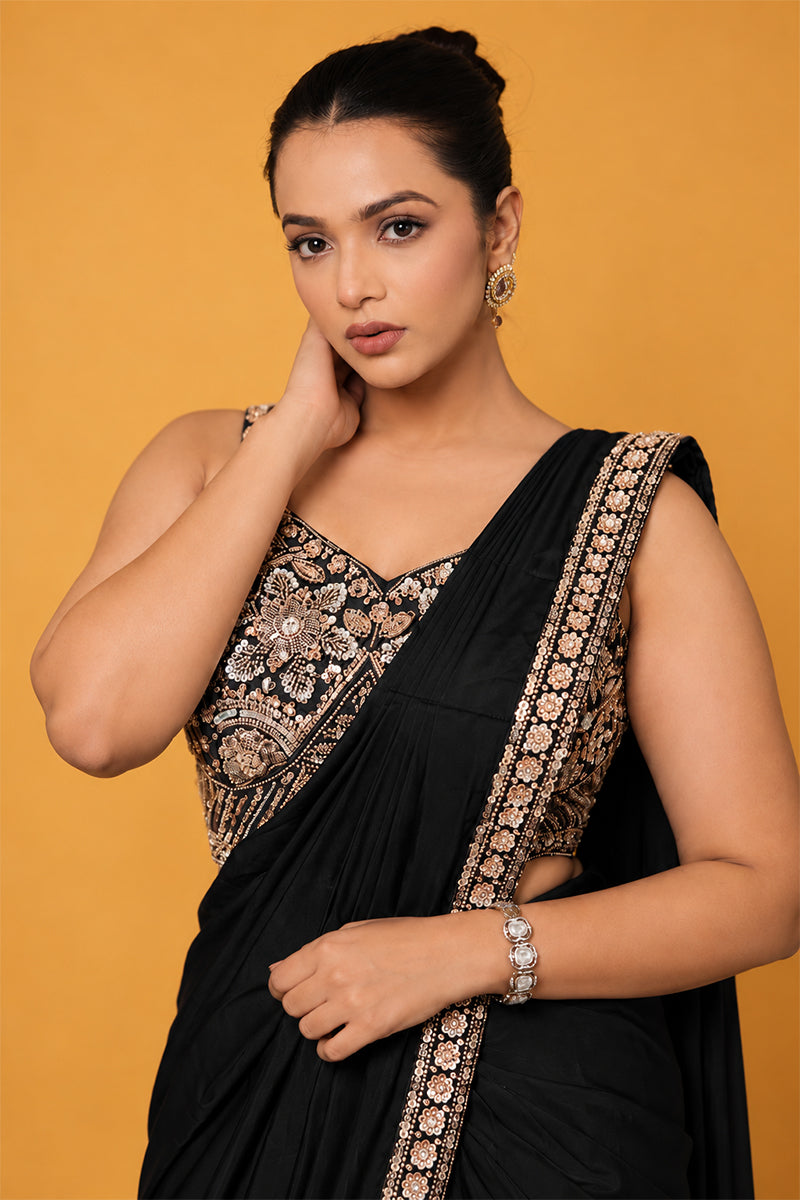 Black Satin Silk Pre-Draped Saree with Embroidered Border