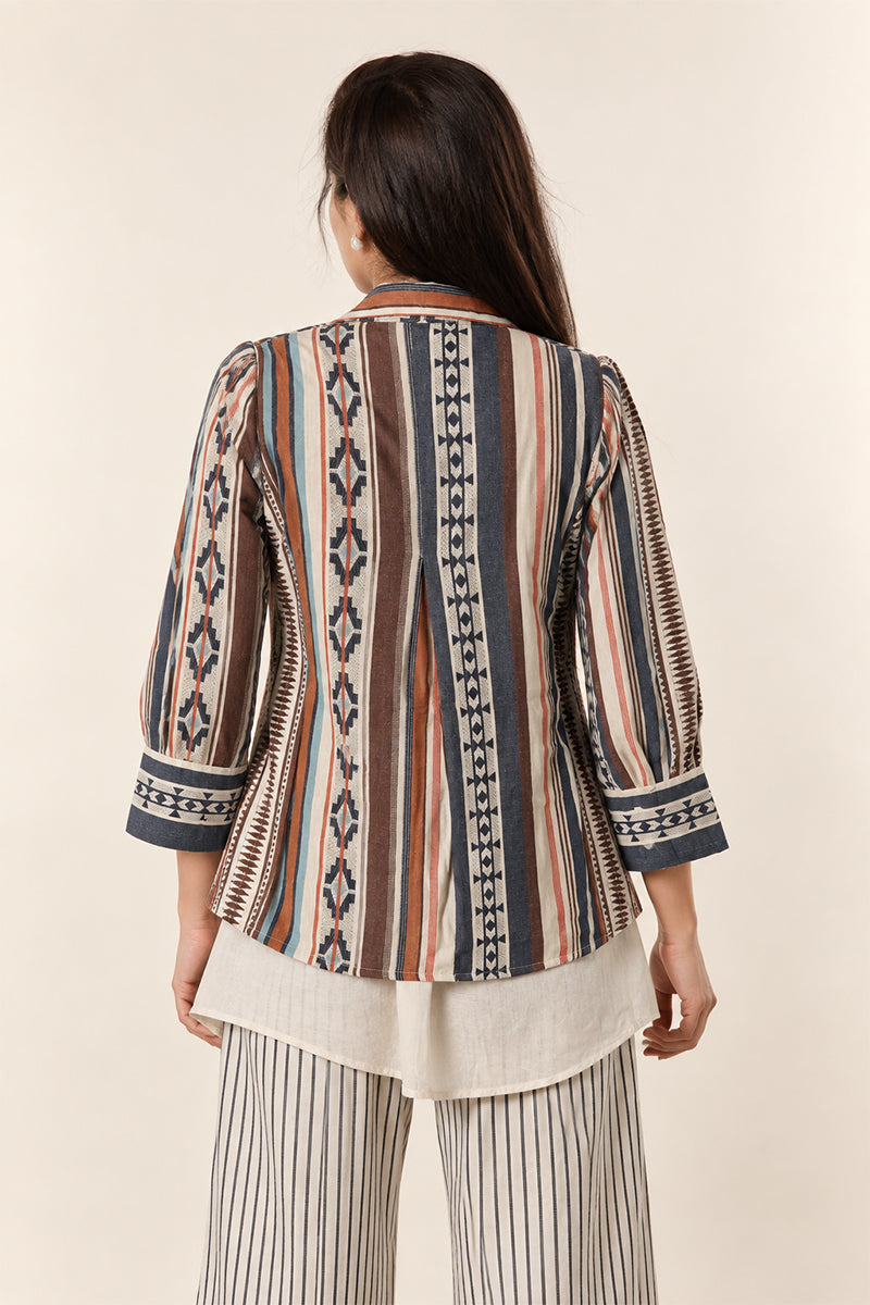 Beige Linen Cotton 3-Piece Co-Ord Set with Striped Jacket