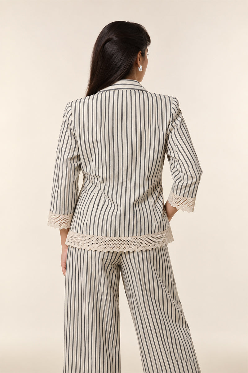 Ivory Cotton Linen Striped Cord Set with Embroidered Blazer & Wide-Leg Pants