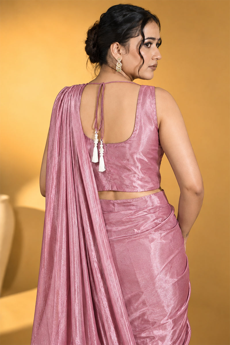 Rose Pink Lycra Pre-Draped Saree with Ready to Wear Blouse