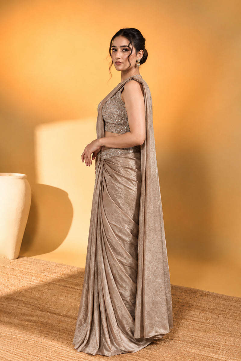 Mocha Brown Lycra Pre-Draped Saree with Ready to Wear Blouse