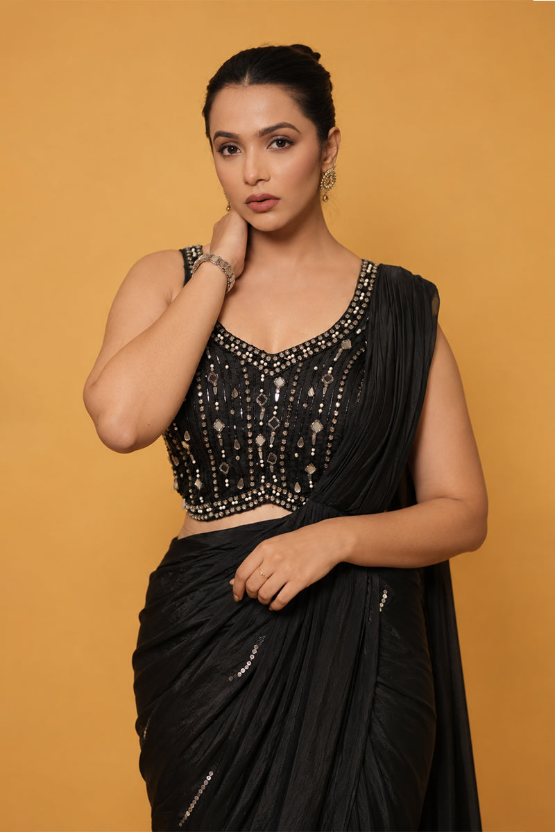 Black Lycra Pre-Draped Saree with Sequin