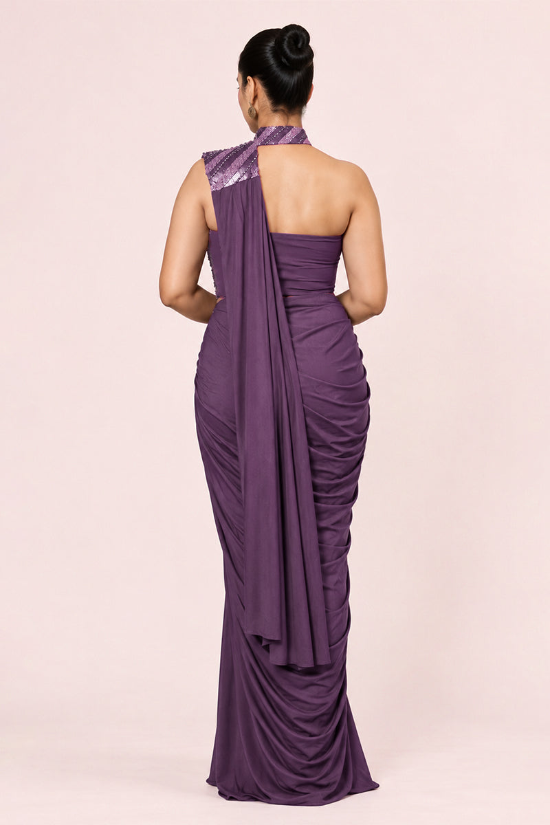 Purple Lycra Pre-Draped Saree with Sequin
