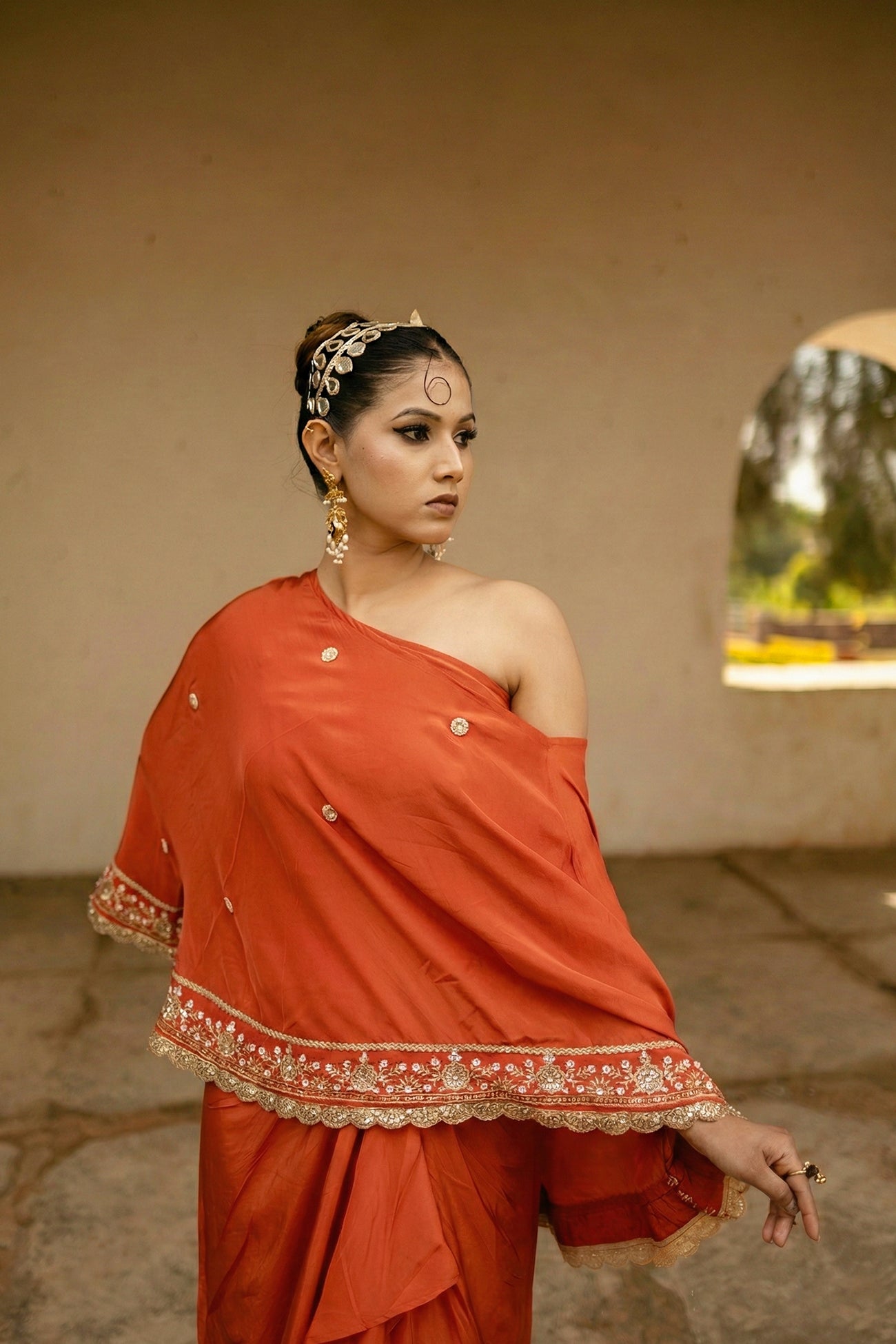 Orange Crepe Silk 3-Piece Indo-Western Dhoti Pattern Set with Top