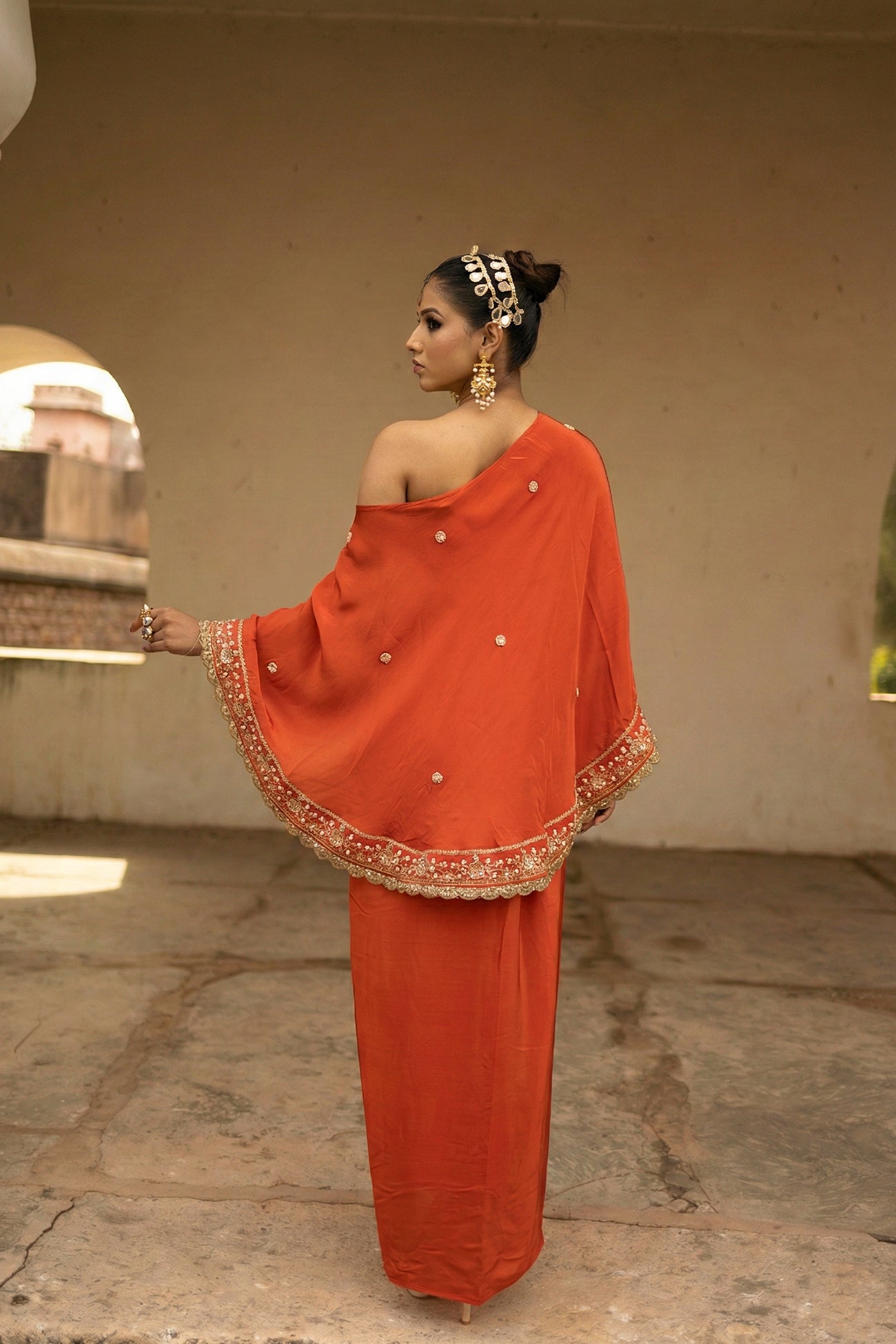 Orange Crepe Silk 3-Piece Indo-Western Dhoti Pattern Set with Top
