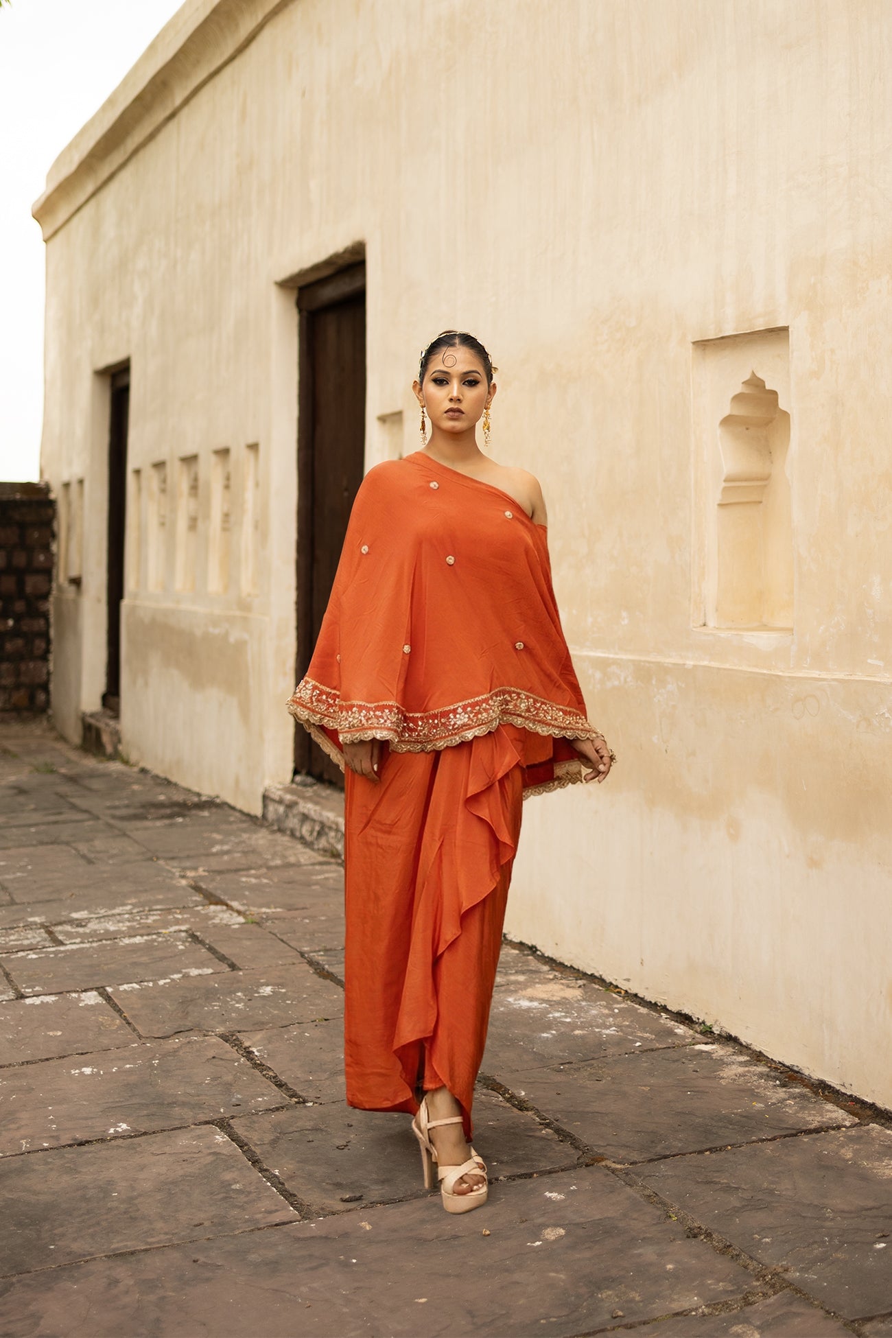 Orange Crepe Silk 3-Piece Indo-Western Dhoti Pattern Set with Top