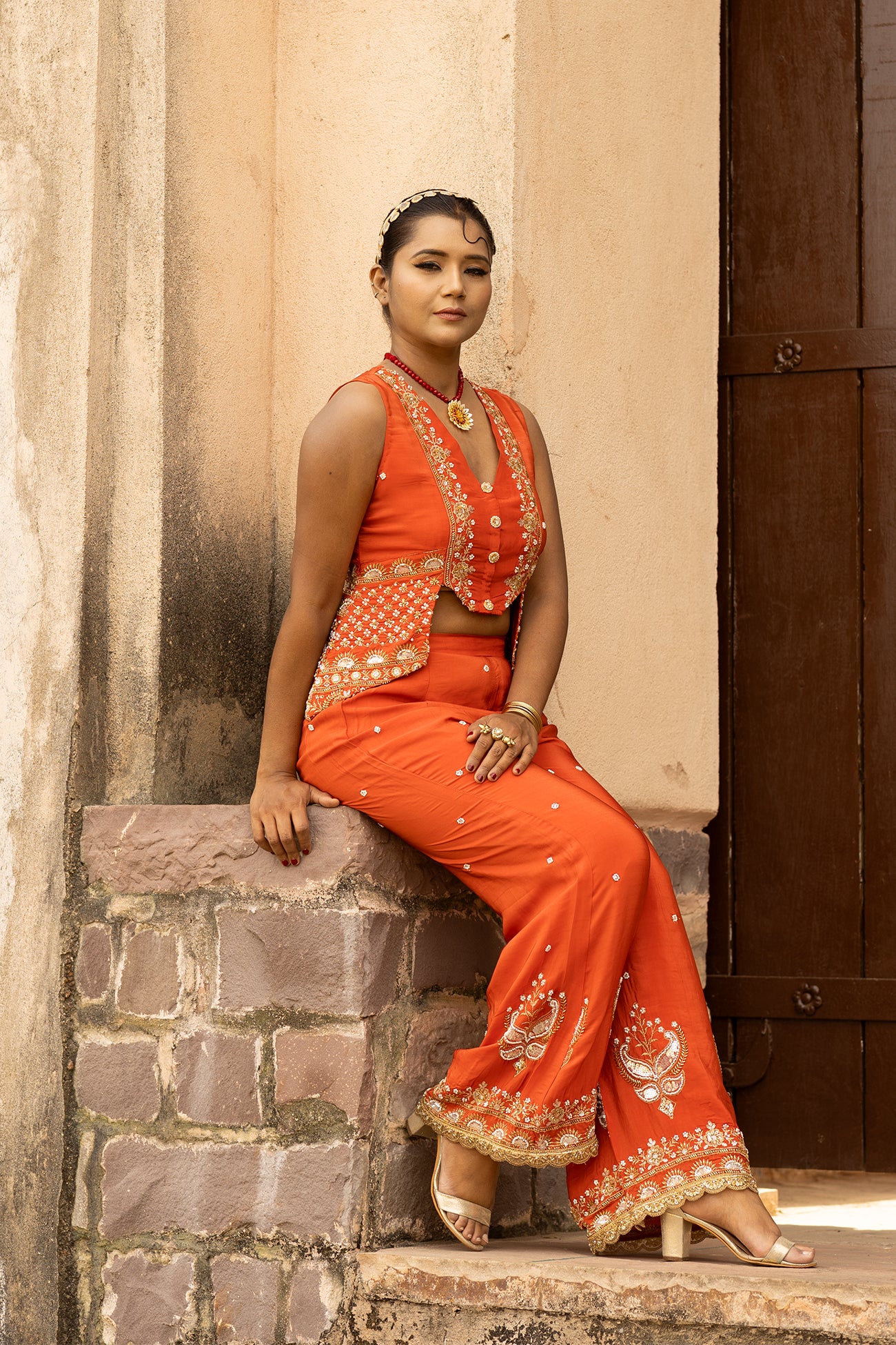 Orange Crepe Silk Designer Crop Top with Sharara Set