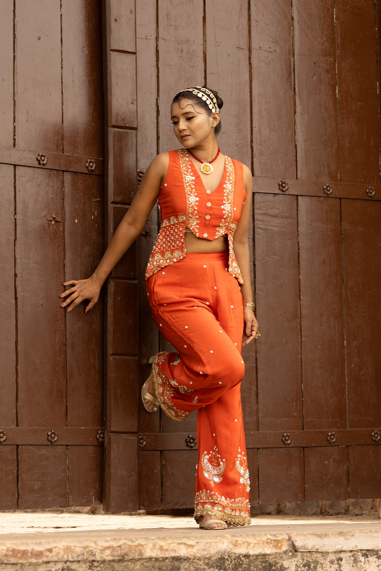 Orange Crepe Silk Designer Crop Top with Sharara Set