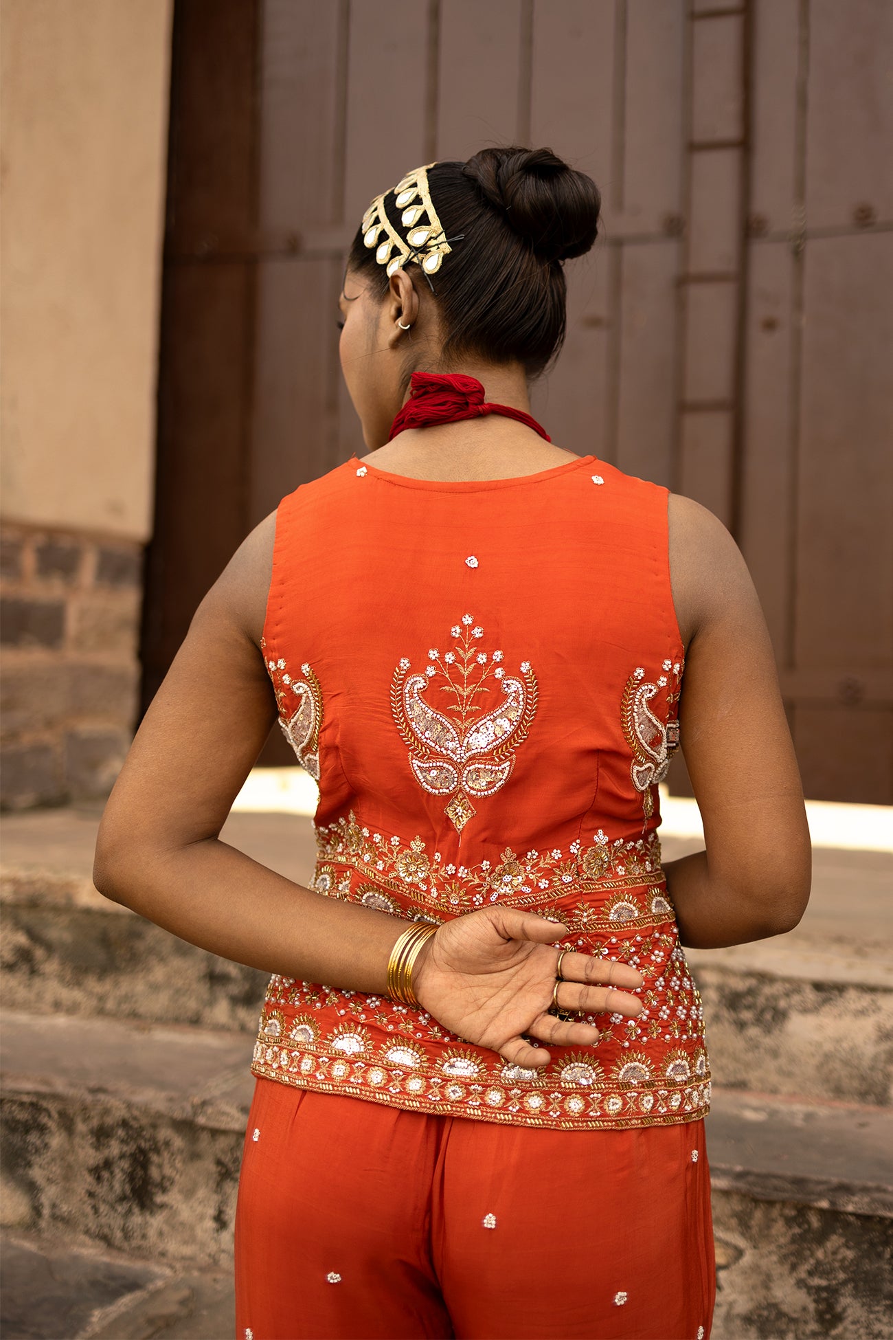 Orange Crepe Silk Designer Crop Top with Sharara Set