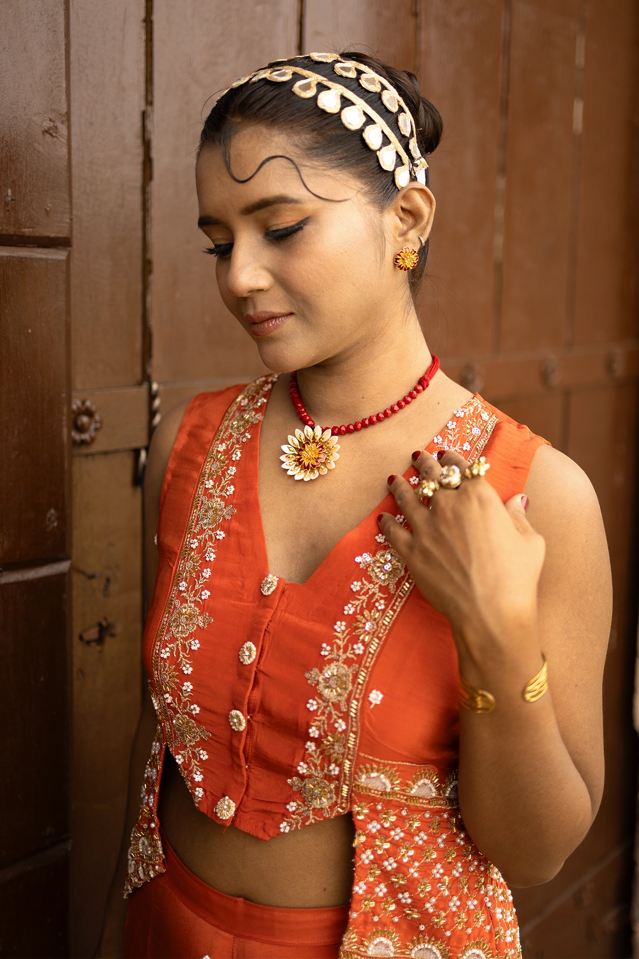 Orange Crepe Silk Designer Crop Top with Sharara Set