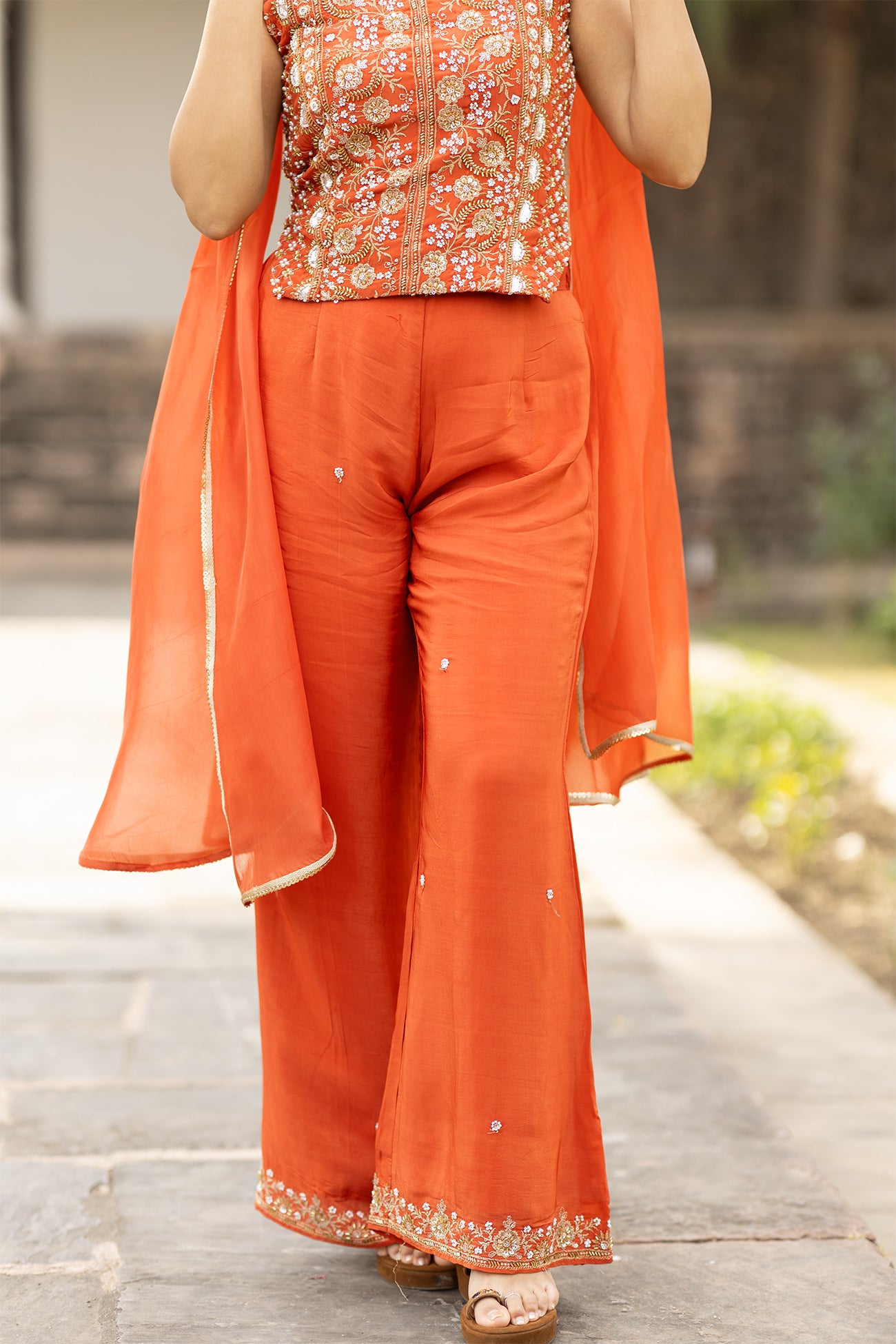 Orange Crepe Silk Indo-Western Crop Top Sharara Set with Dupatta