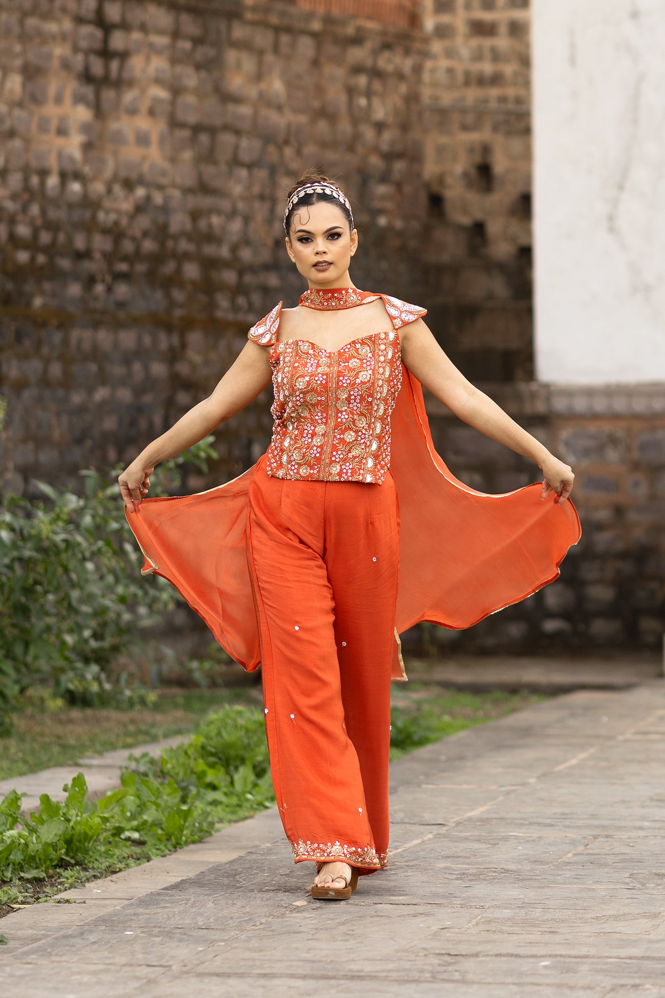 Orange Crepe Silk Indo-Western Crop Top Sharara Set with Dupatta
