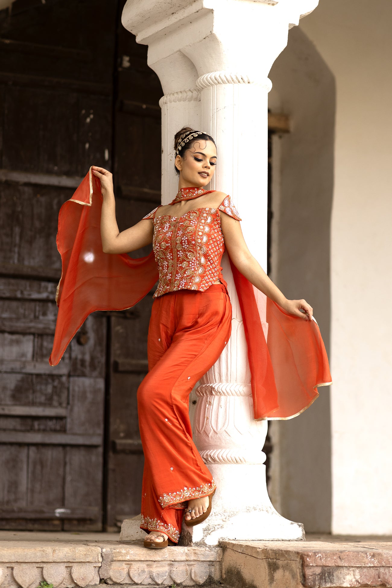 Orange Crepe Silk Indo-Western Crop Top Sharara Set with Dupatta