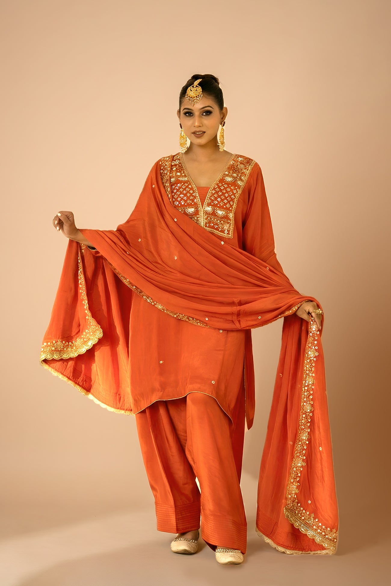 Orange Crepe Silk Suit with Farsi Salwar & Dupatta