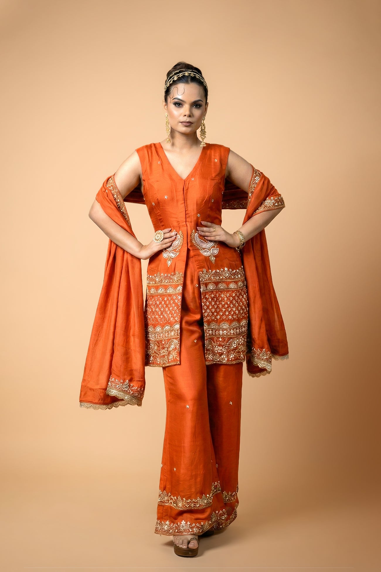 Orange Crepe Silk Front-Opening Sleeveless Suit with Sharara