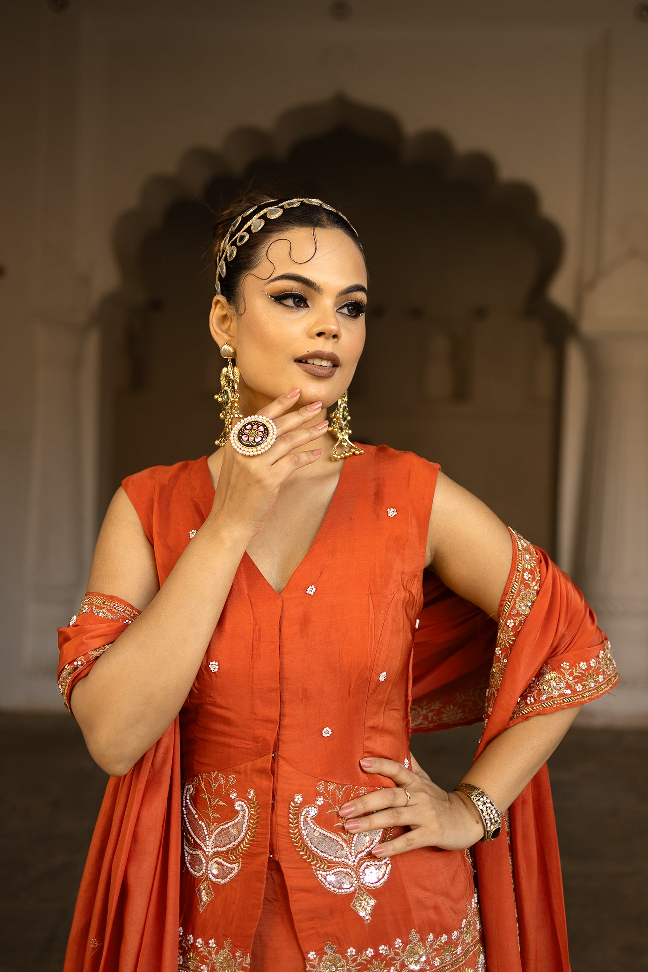 Orange Crepe Silk Front-Opening Sleeveless Suit with Sharara