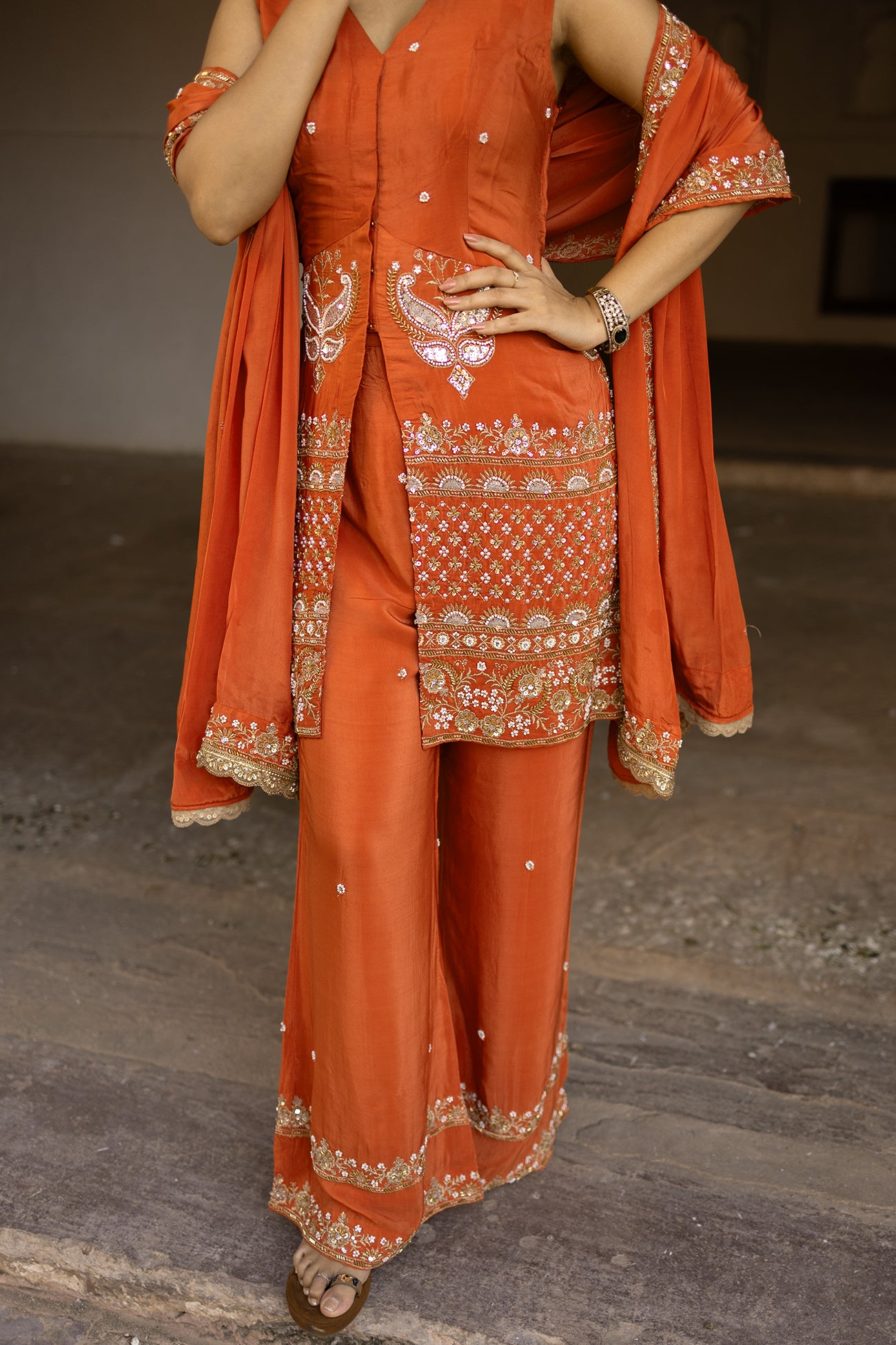 Orange Crepe Silk Front-Opening Sleeveless Suit with Sharara
