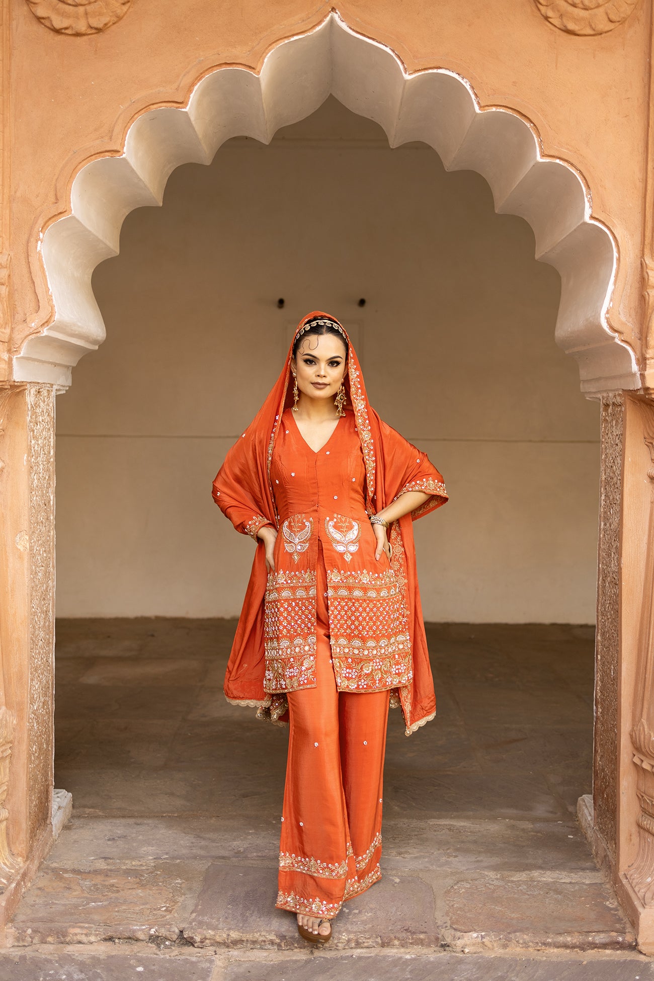 Orange Crepe Silk Front-Opening Sleeveless Suit with Sharara