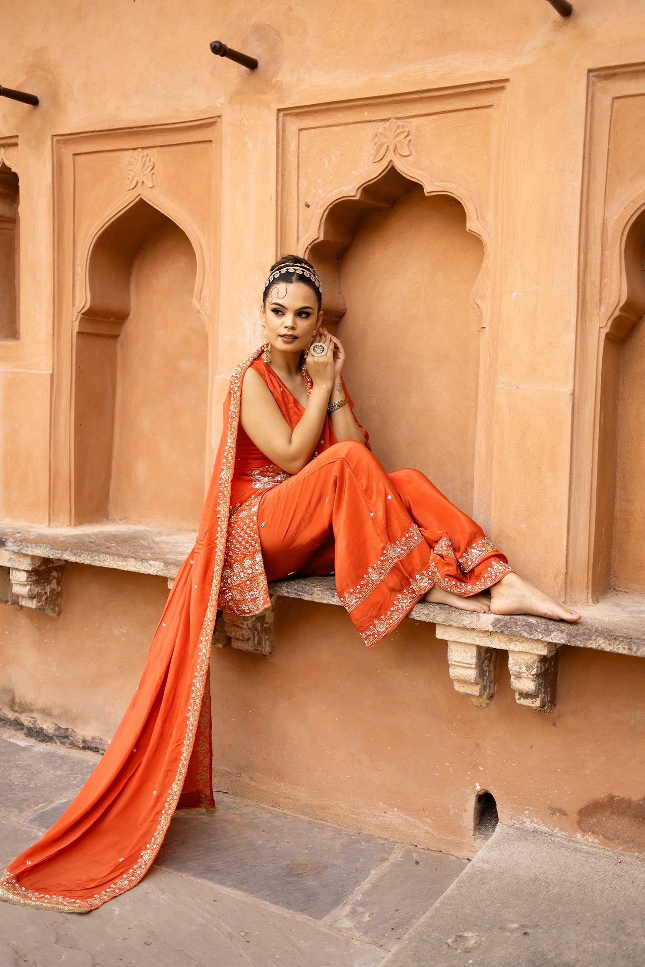 Orange Crepe Silk Front-Opening Sleeveless Suit with Sharara