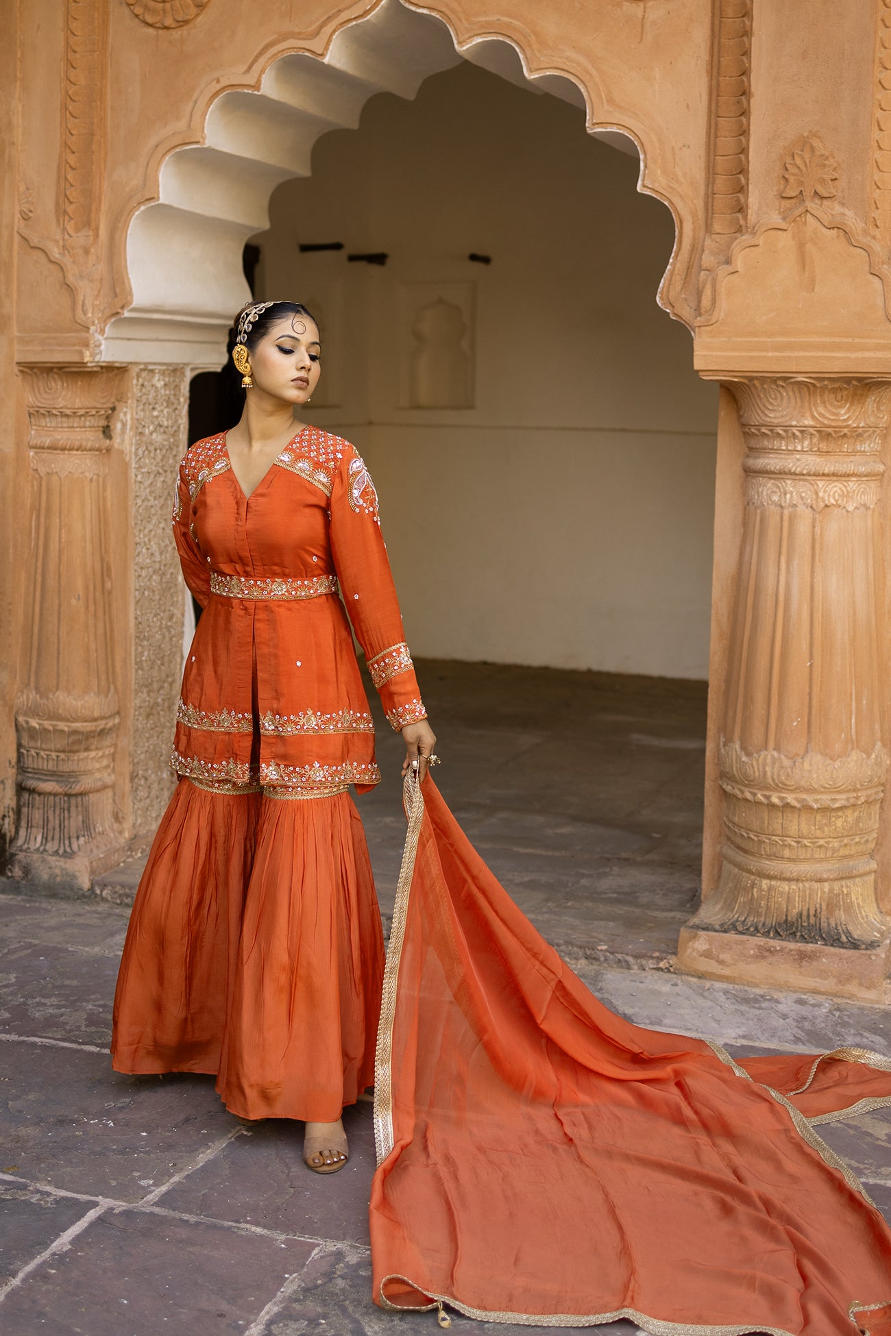 Orange Crepe Silk Full-Sleeve Long Top with Belt & Gharara Set