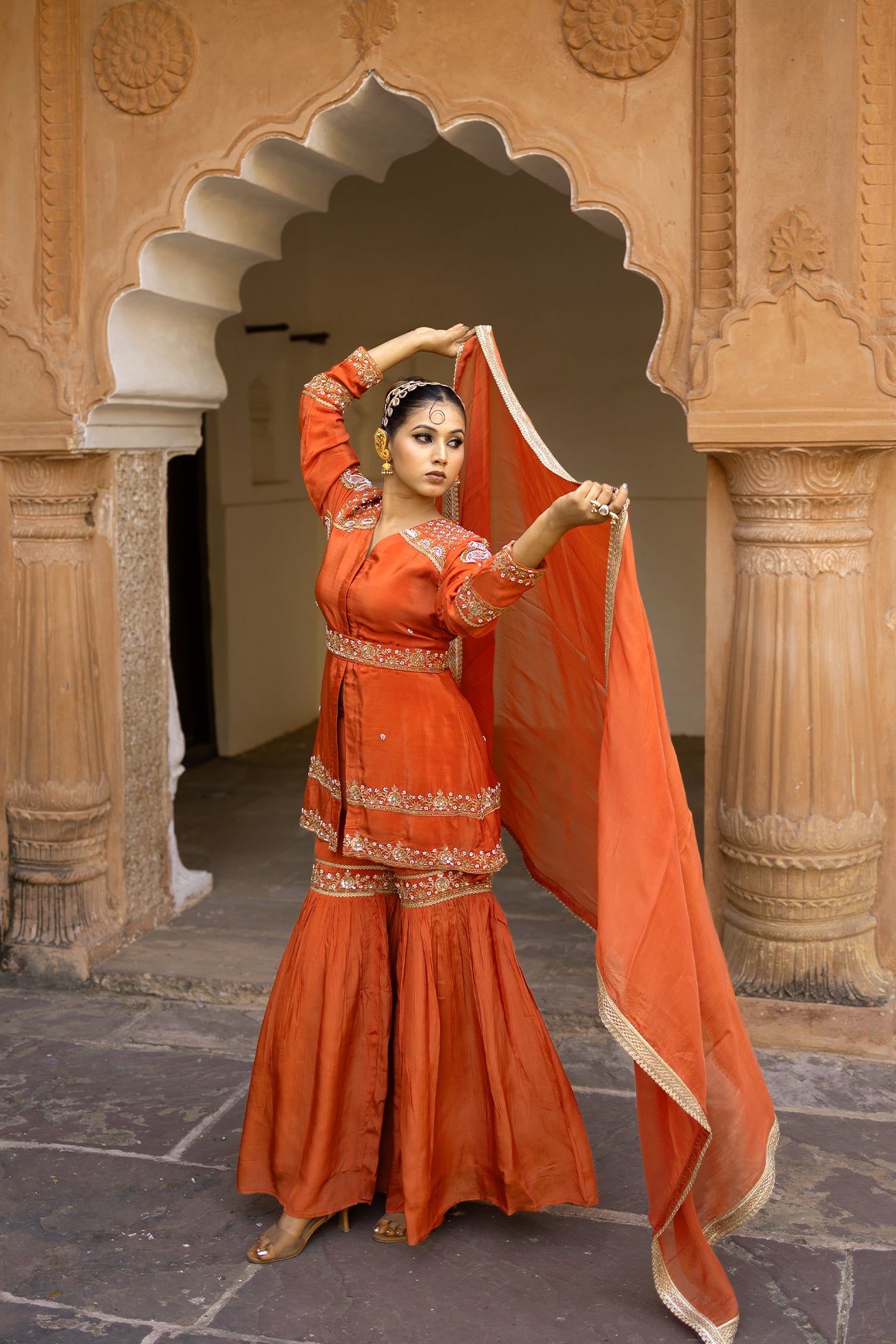 Orange Crepe Silk Full-Sleeve Long Top with Belt & Gharara Set