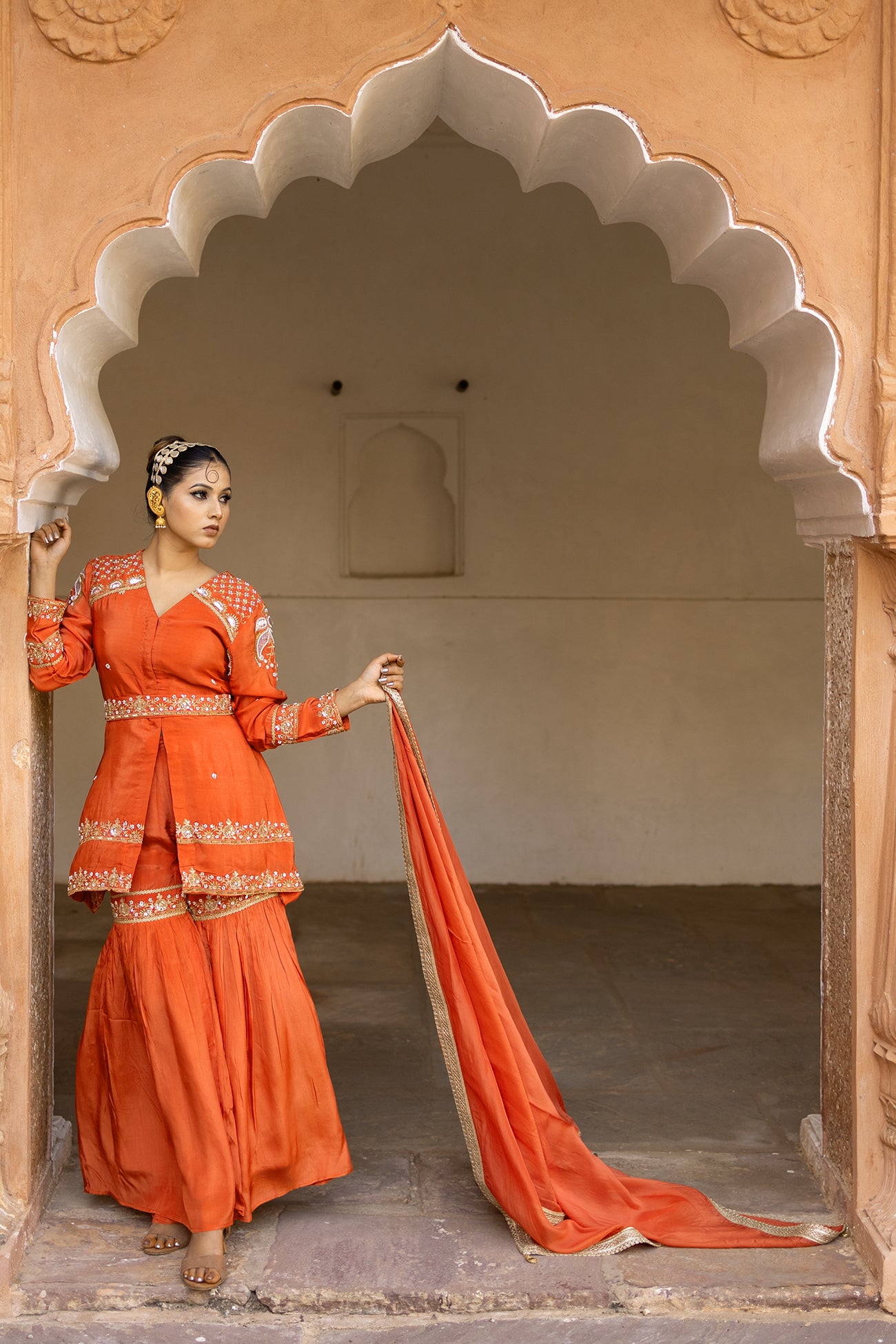 Orange Crepe Silk Full-Sleeve Long Top with Belt & Gharara Set