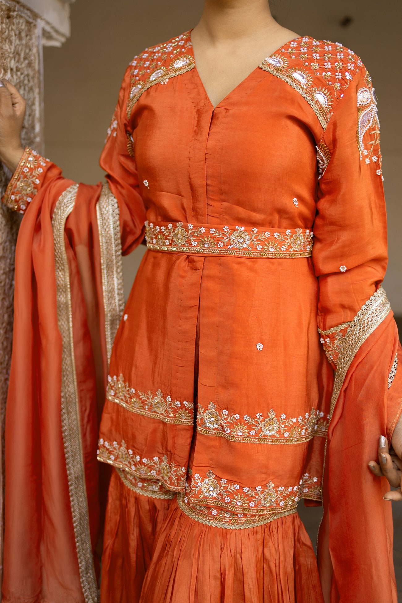 Orange Crepe Silk Full-Sleeve Long Top with Belt & Gharara Set