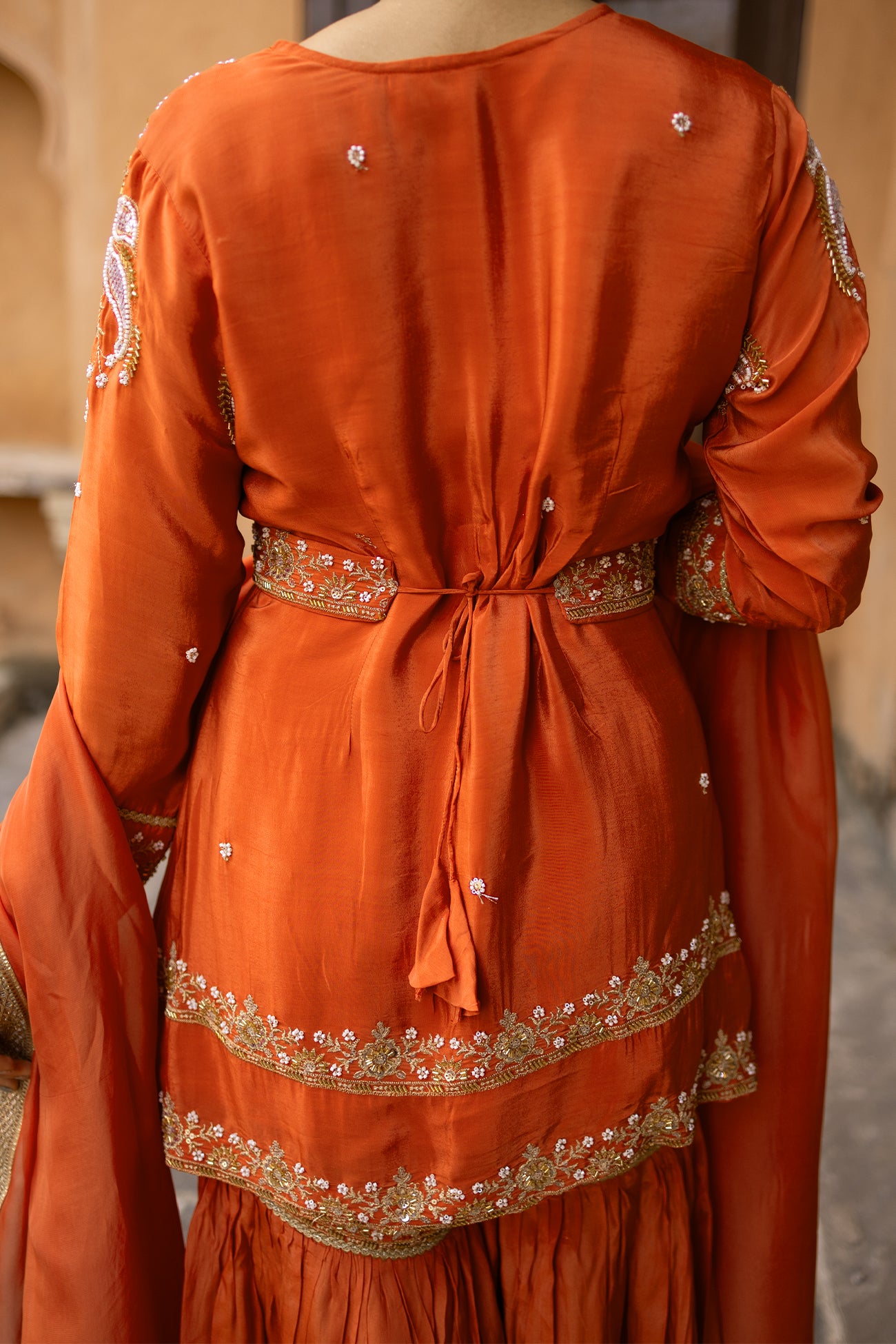 Orange Crepe Silk Full-Sleeve Long Top with Belt & Gharara Set