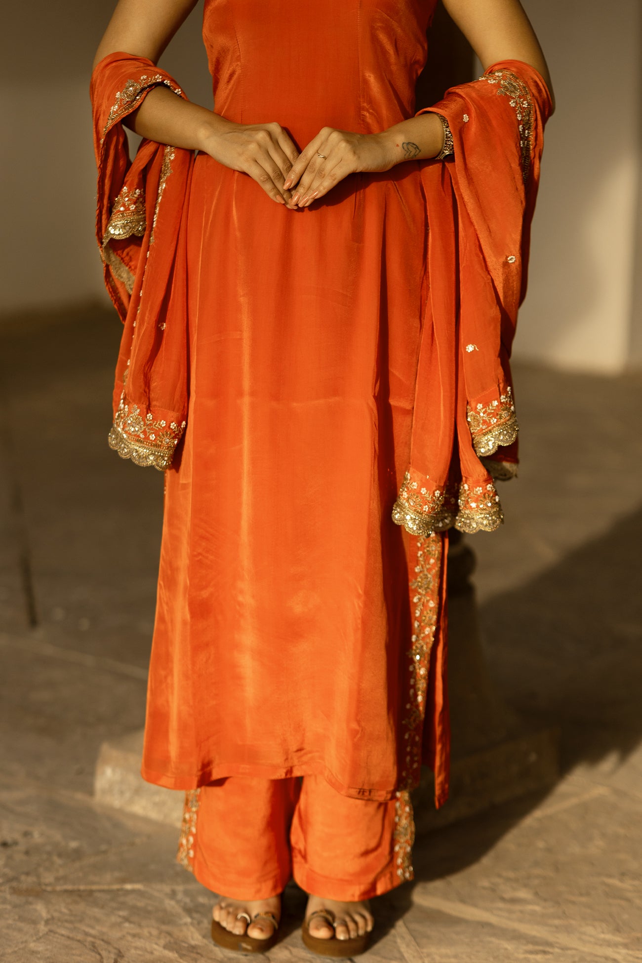 Orange Crepe Silk Off-Shoulder Kurta Pant Set