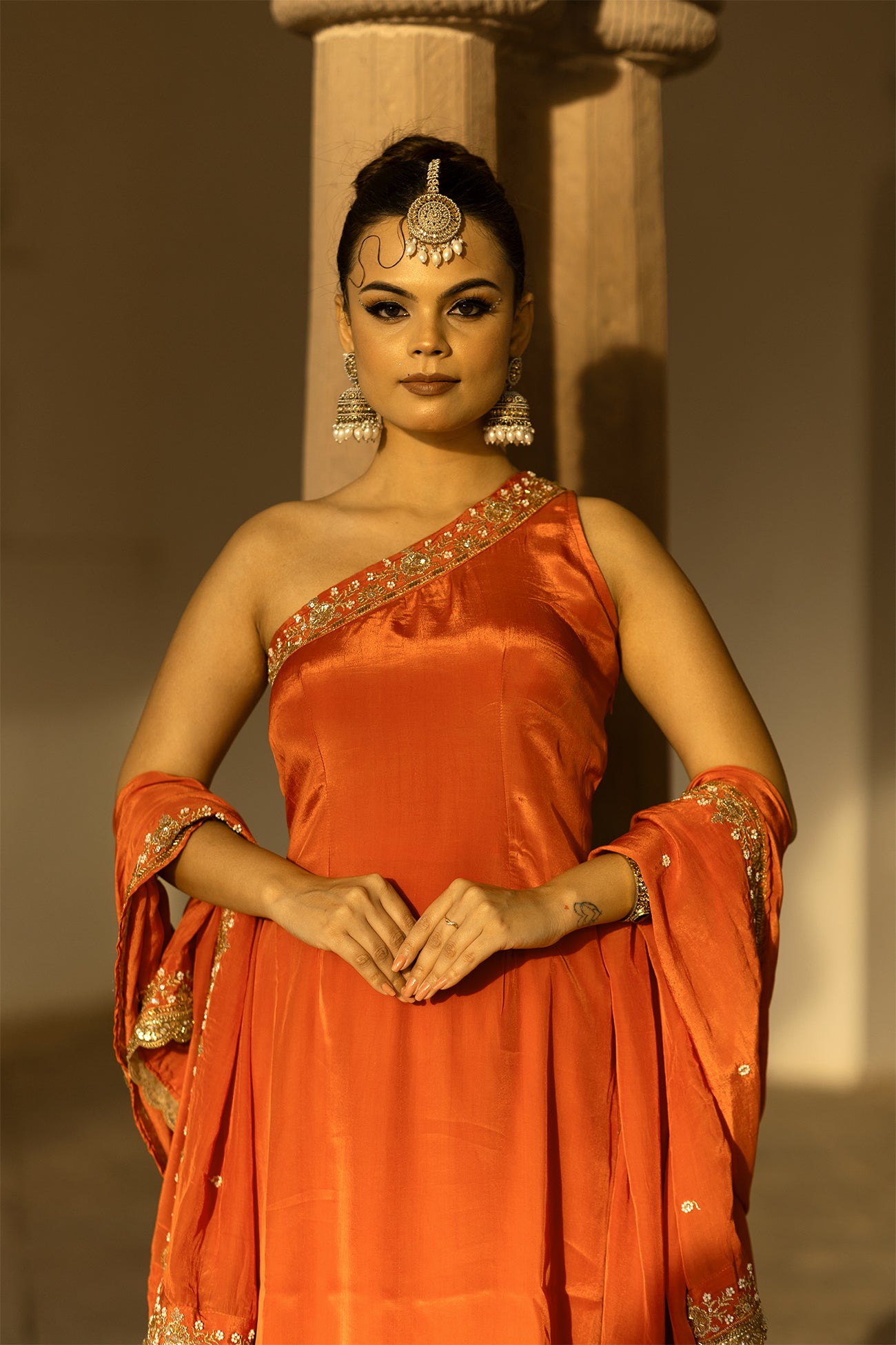 Orange Crepe Silk Off-Shoulder Kurta Pant Set