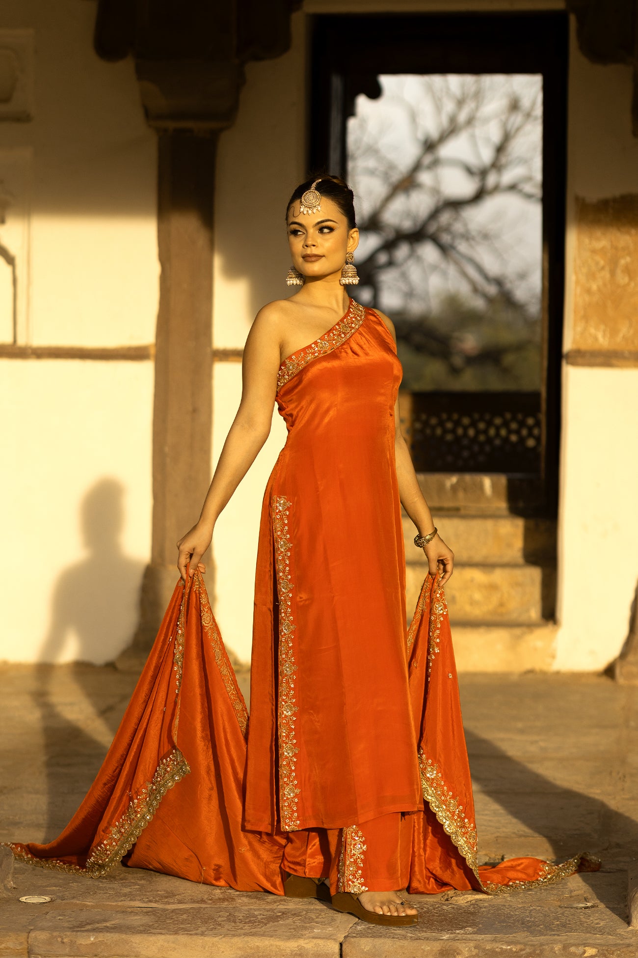 Orange Crepe Silk Off-Shoulder Kurta Pant Set