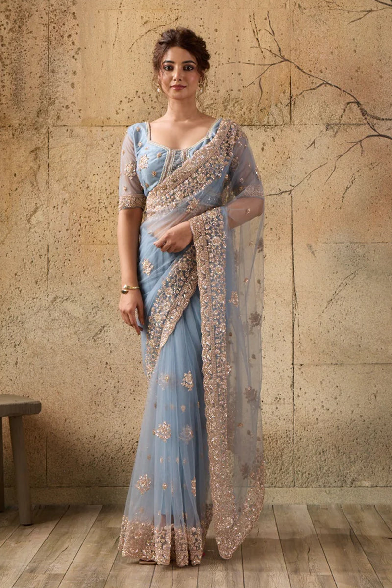Dusty Blue Net Saree with Hand Embroidery with Stitched Blouse