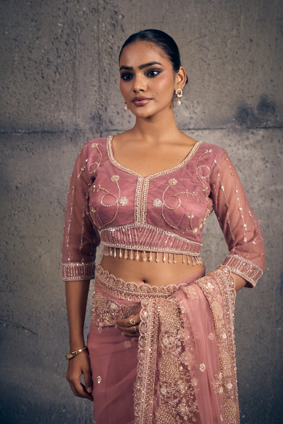 Light Rose Pink Net Saree with Hand Embroidery with Stitched Blouse