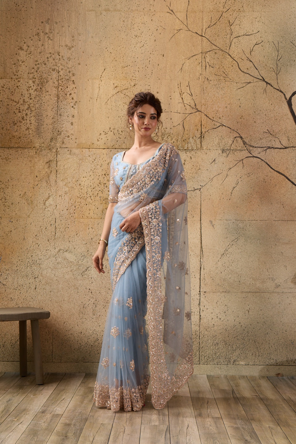 Dusty Blue Net Saree with Hand Embroidery with Stitched Blouse