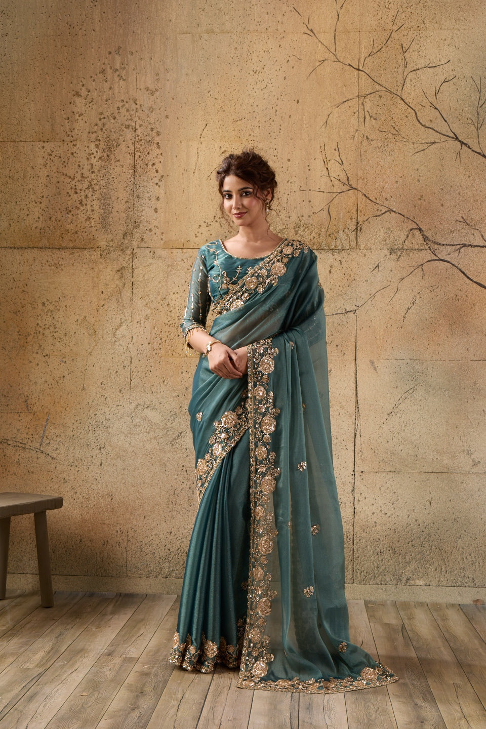 Bottle Green Organza Saree with Floral Hand Embroidery with Stitched Blouse
