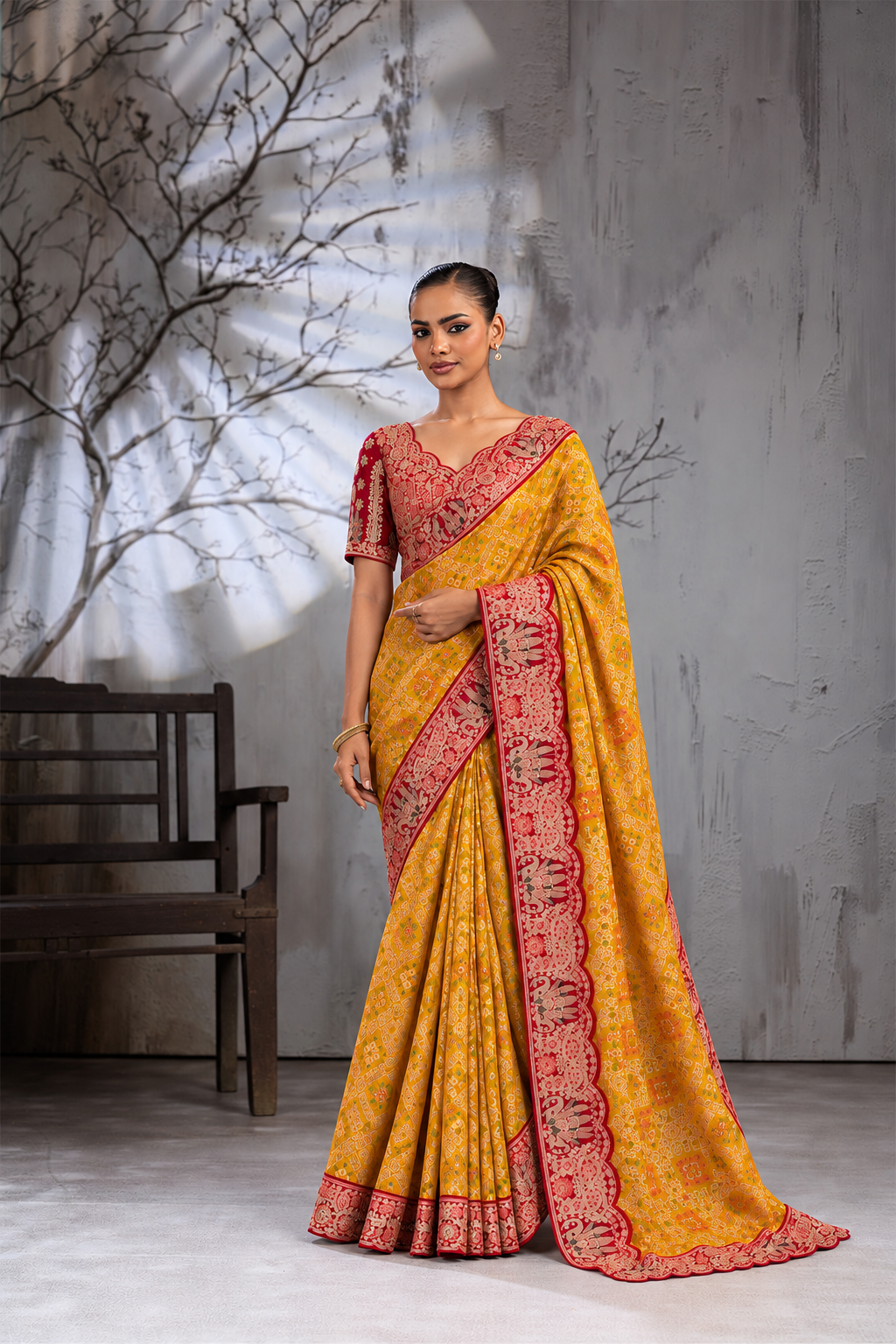 Yellow Silk Saree with Bandhani Print | Two Blouse Concept