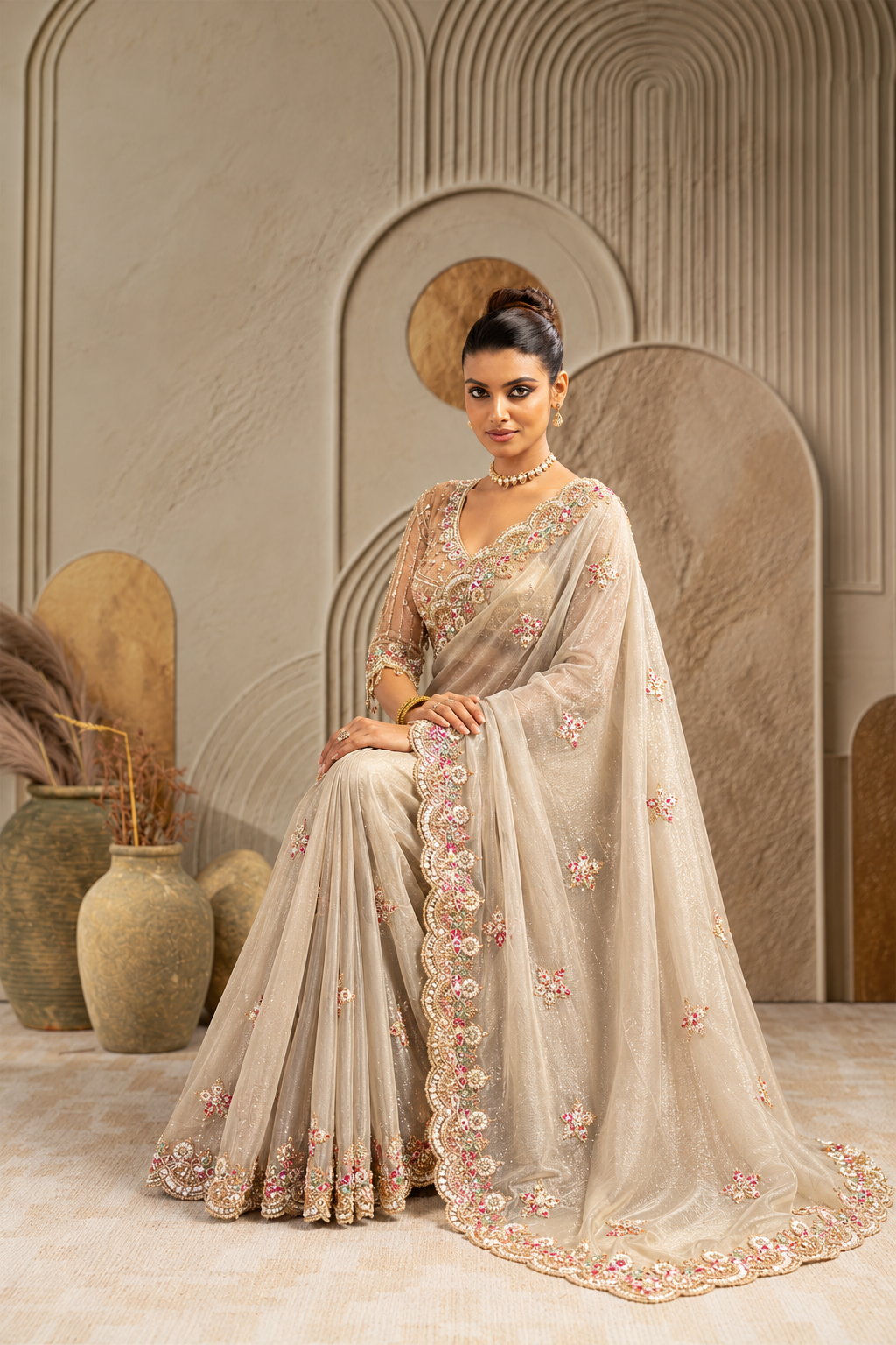 Golden Organza Silk Saree with Multicolor Floral Embroidery