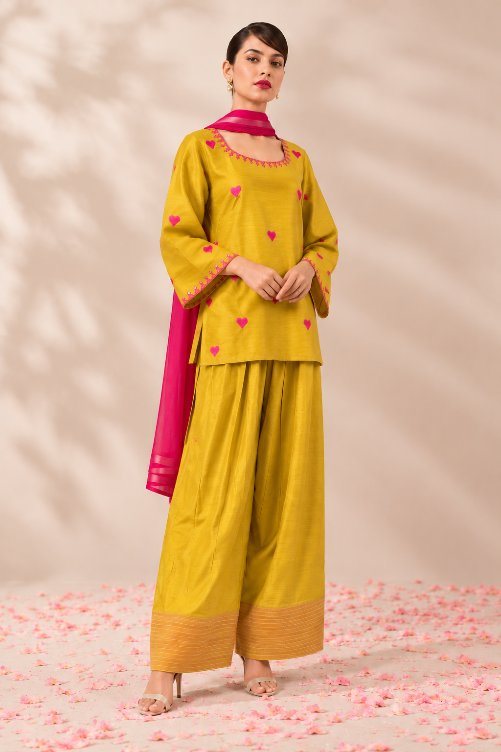Mustard Yellow Cotton Farsi Kurta Pant Set with Pink Heart Embroidery