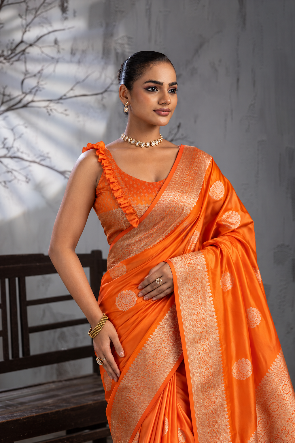 Orange Sattin Mungha Silk Saree with banarasi border
