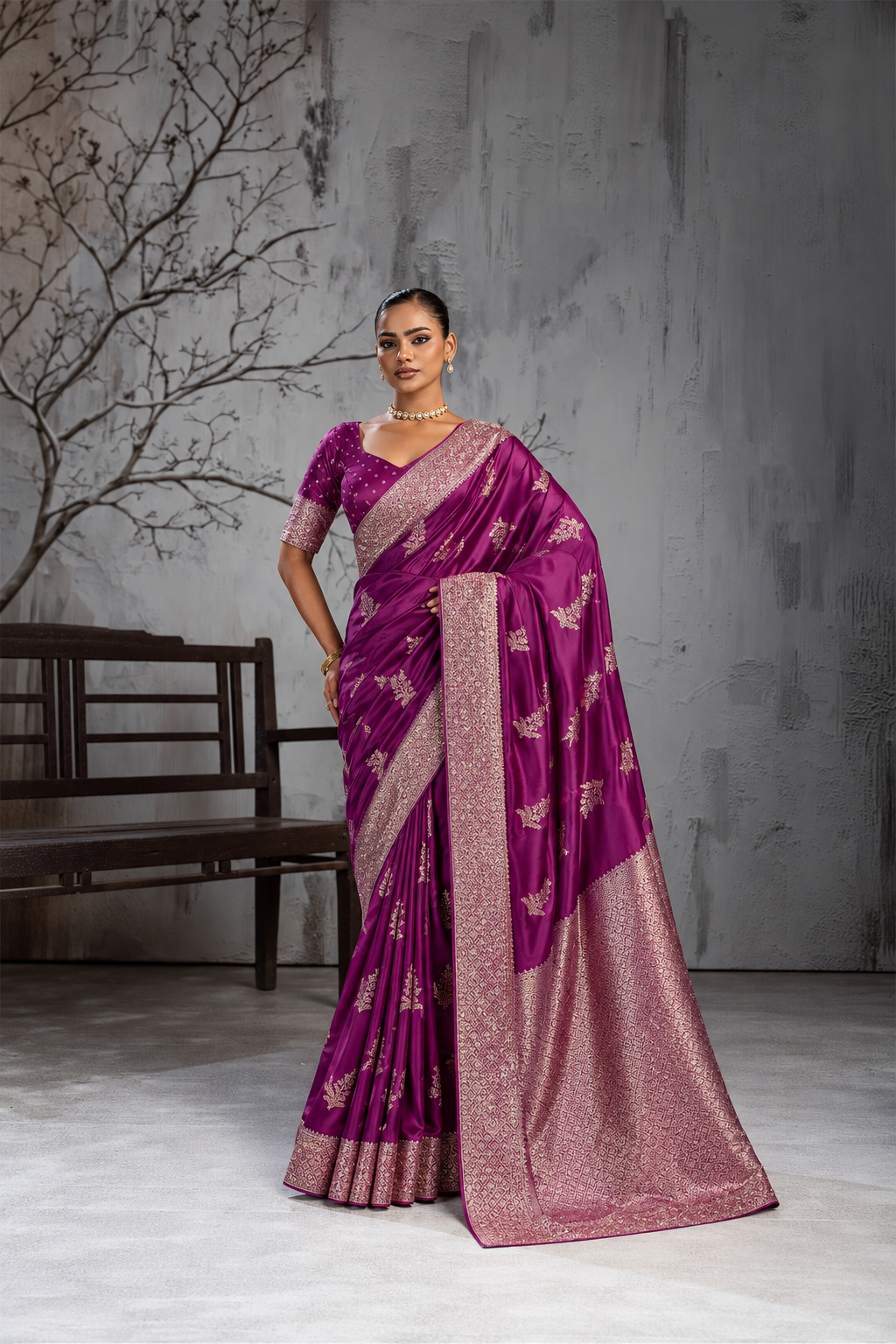 Magenta Pink Sattin Mungha Silk Saree with banarasi border